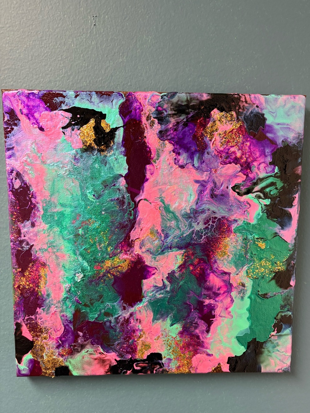 Abstract Acrylic Pour Canvas - Pink, Teal & Gold